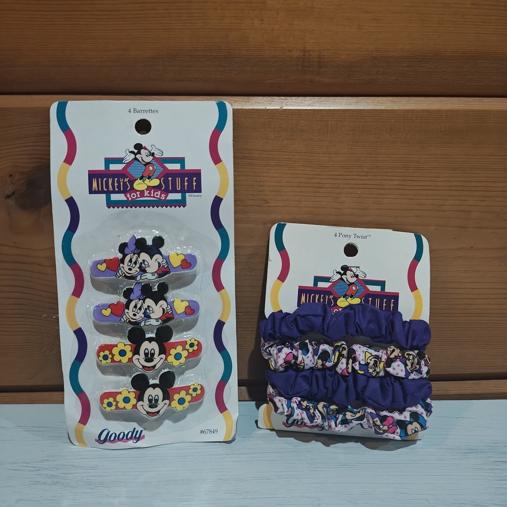 Vintage 1993 Mickey Mouse 4 Barrettes & 4 Pony Twist Scrunchie Goody 67822 67849